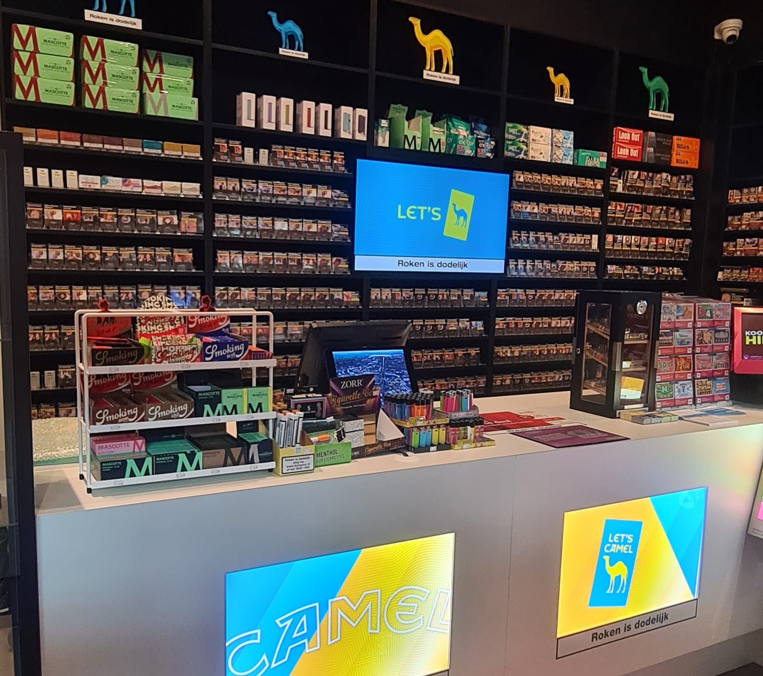 Counter of the store with tobacco products